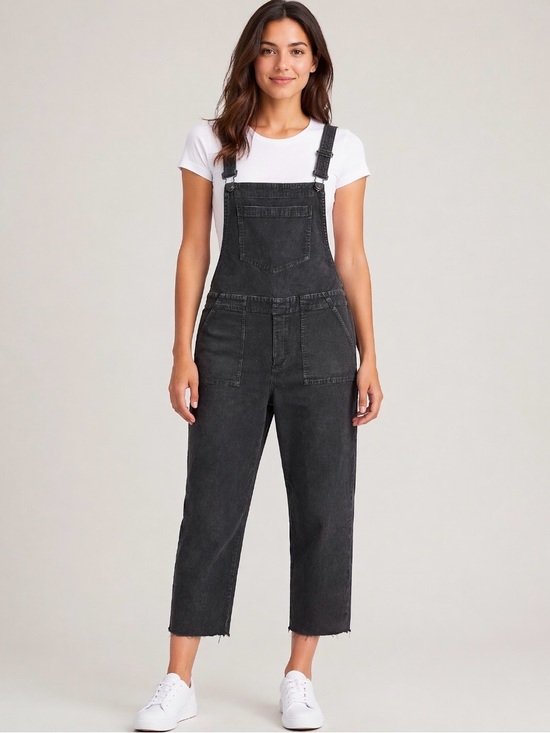 aerie Pants - Aerie Corduroy Overalls Women Large Charcoal Gray Relaxed Straight Leg Raw Hem